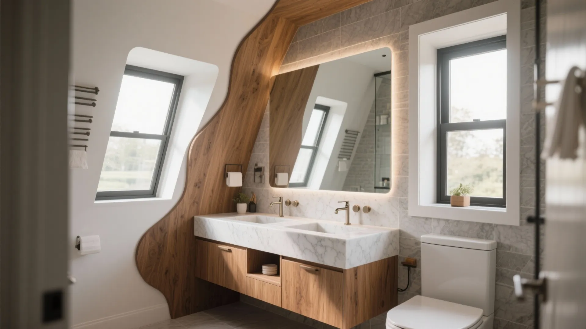 Attic bathroom with a marble double sink vanity and unique wood wall panel under roof windows