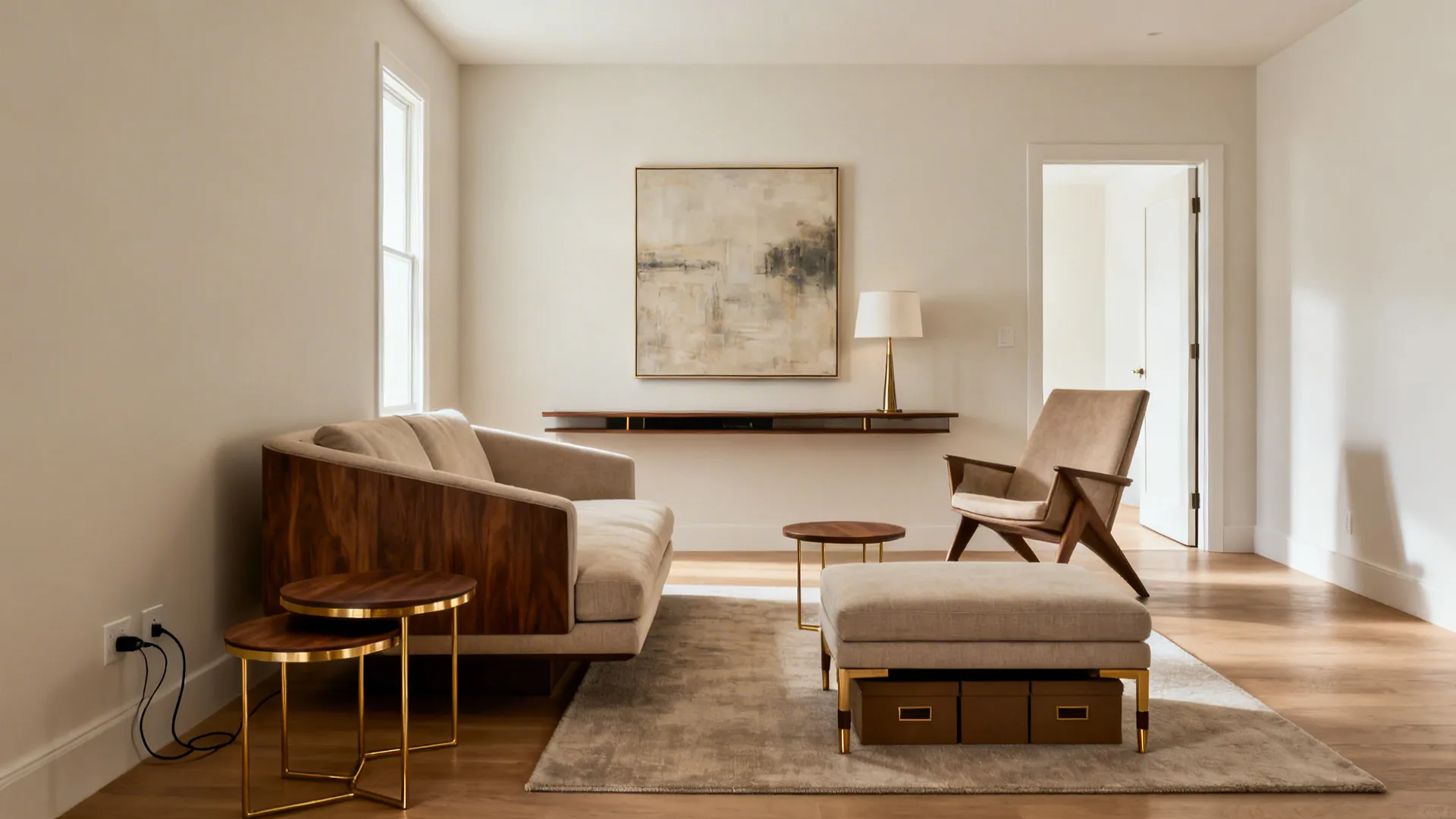 Small living room with a floated sofa, slim console, angled chair, and front-legs-on rug layout.