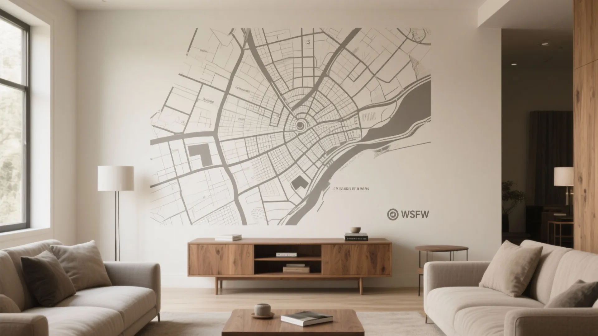 Living room with a large city map wall mural wooden cabinet grey sofas and lamp