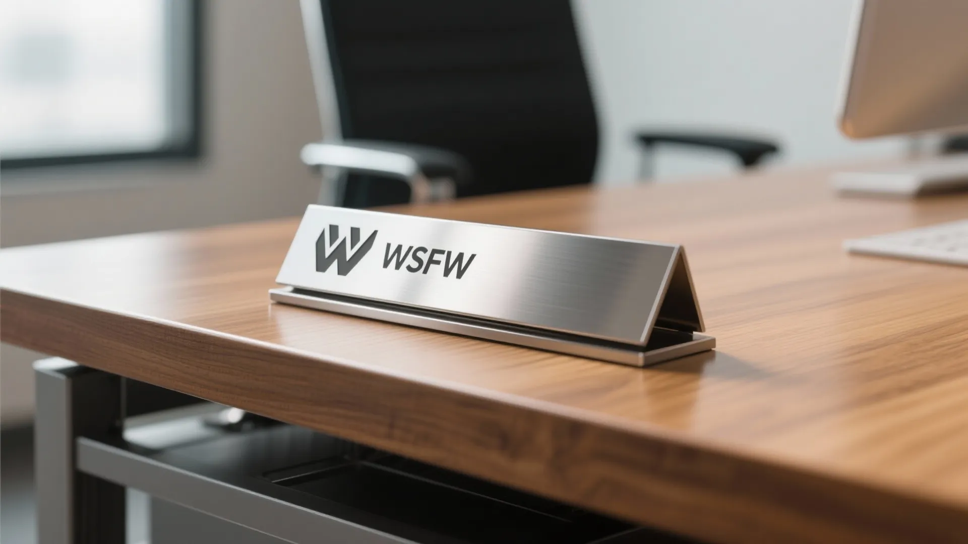 Silver metal nameplate with a logo on a wooden desk in a modern office interior