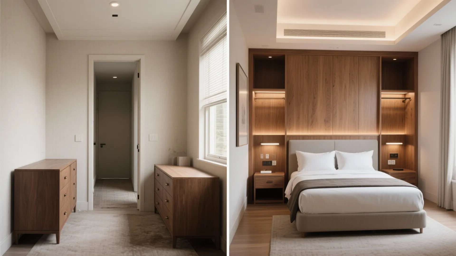Before and after comparison of simple wooden cabinets versus custom bedroom wall panel with lighting