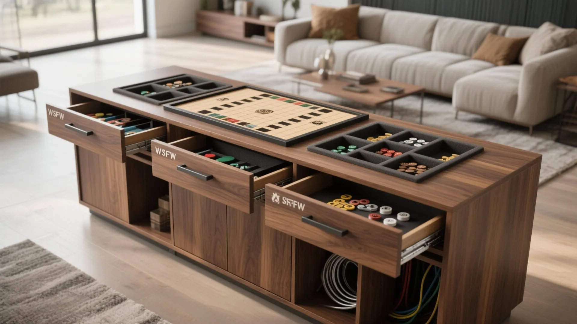 5. Custom modular unit with integrated storage and board