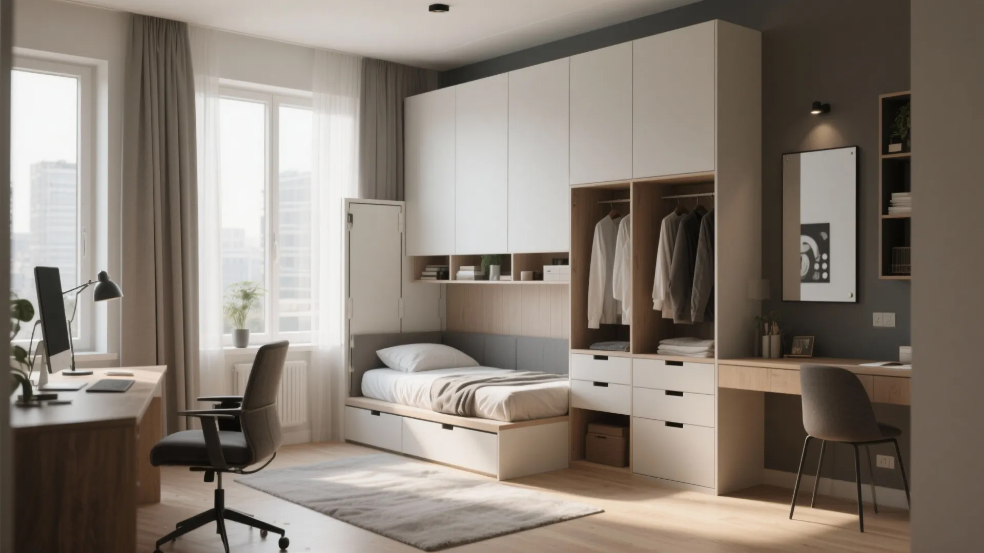 Custom modular Murphy bed unit with integrated desk and storage