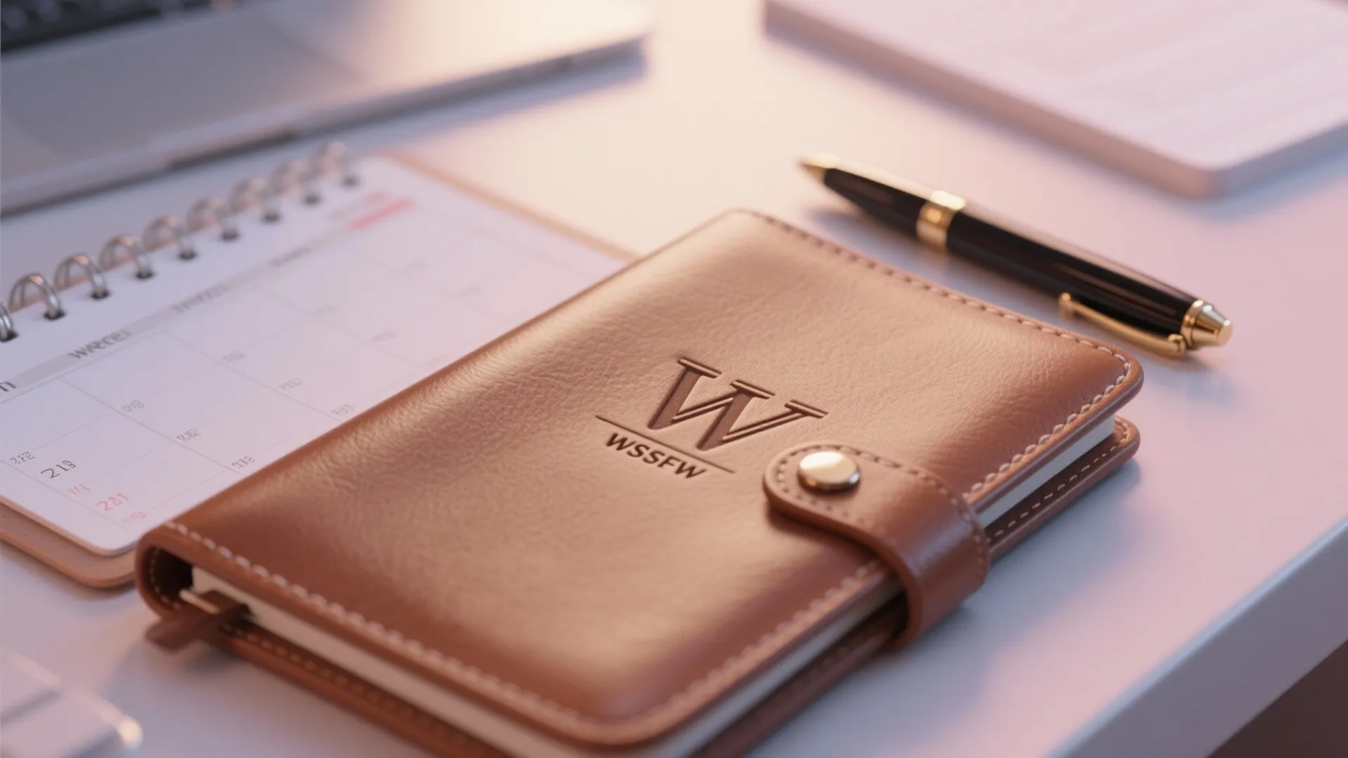Brown leather notebook with logo next to black pen and spiral calendar on white desk