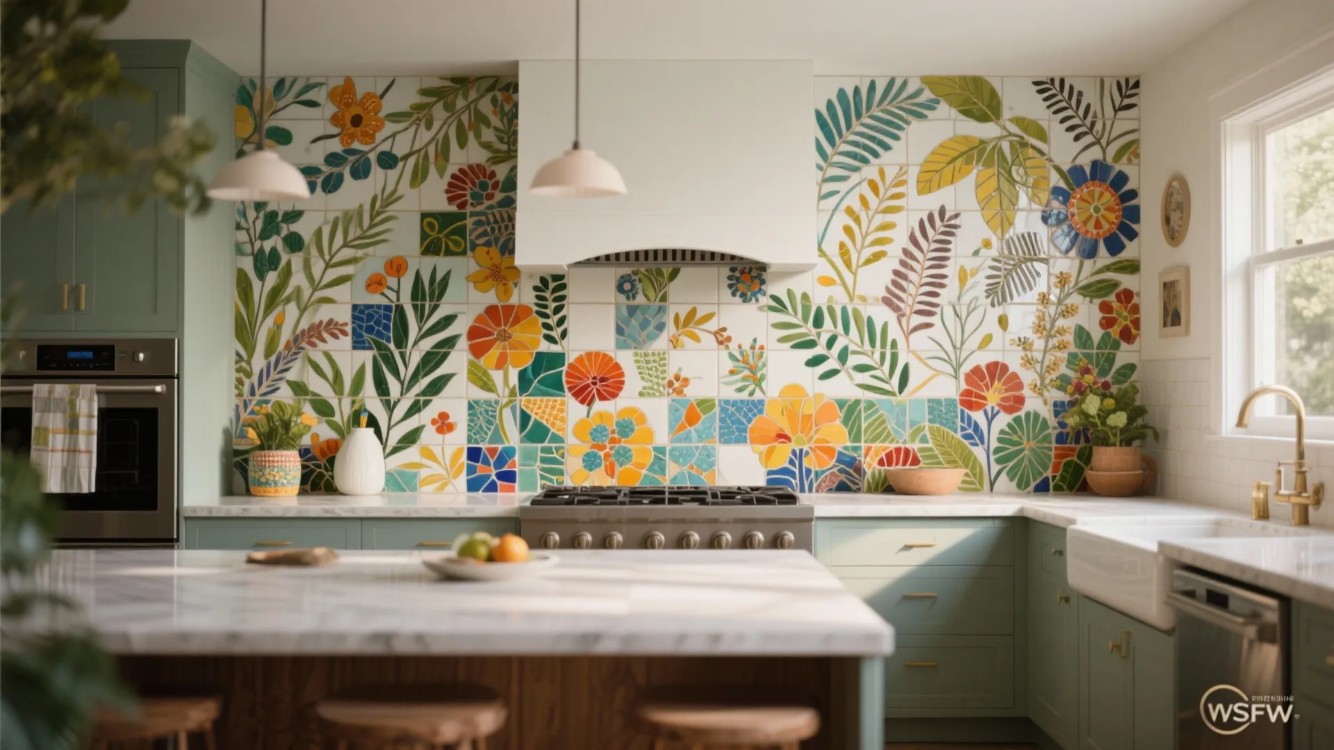Kitchen with custom mosaic backsplash featuring botanical artwork.