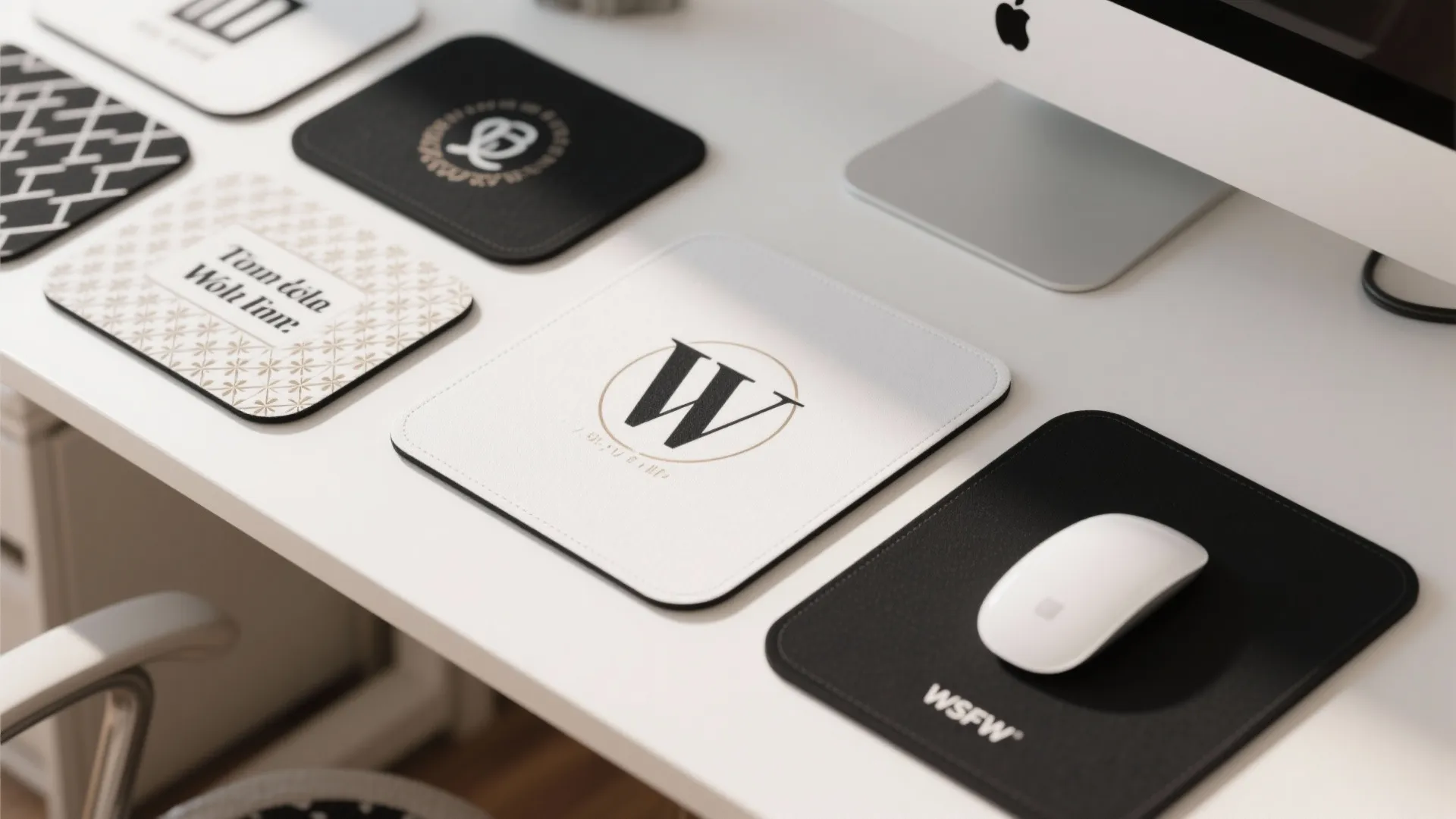 Variety of custom mouse pads with patterns and logos placed on a clean white office desk