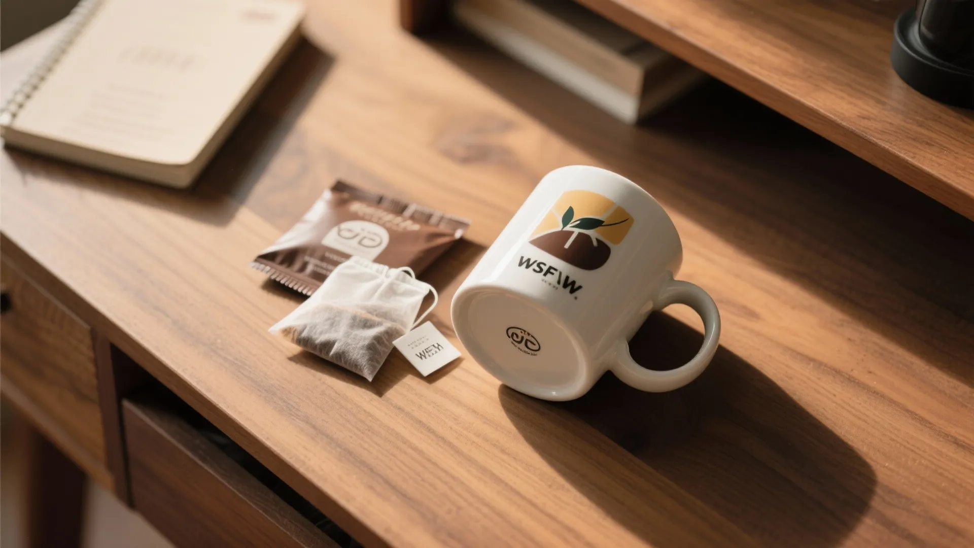 White coffee mug with logo next to tea bags and notebook on wooden office desk