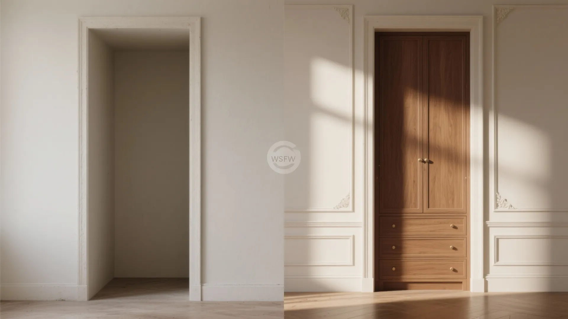 Before and after comparison showing empty wall space converted into a wooden built-in storage cabinet