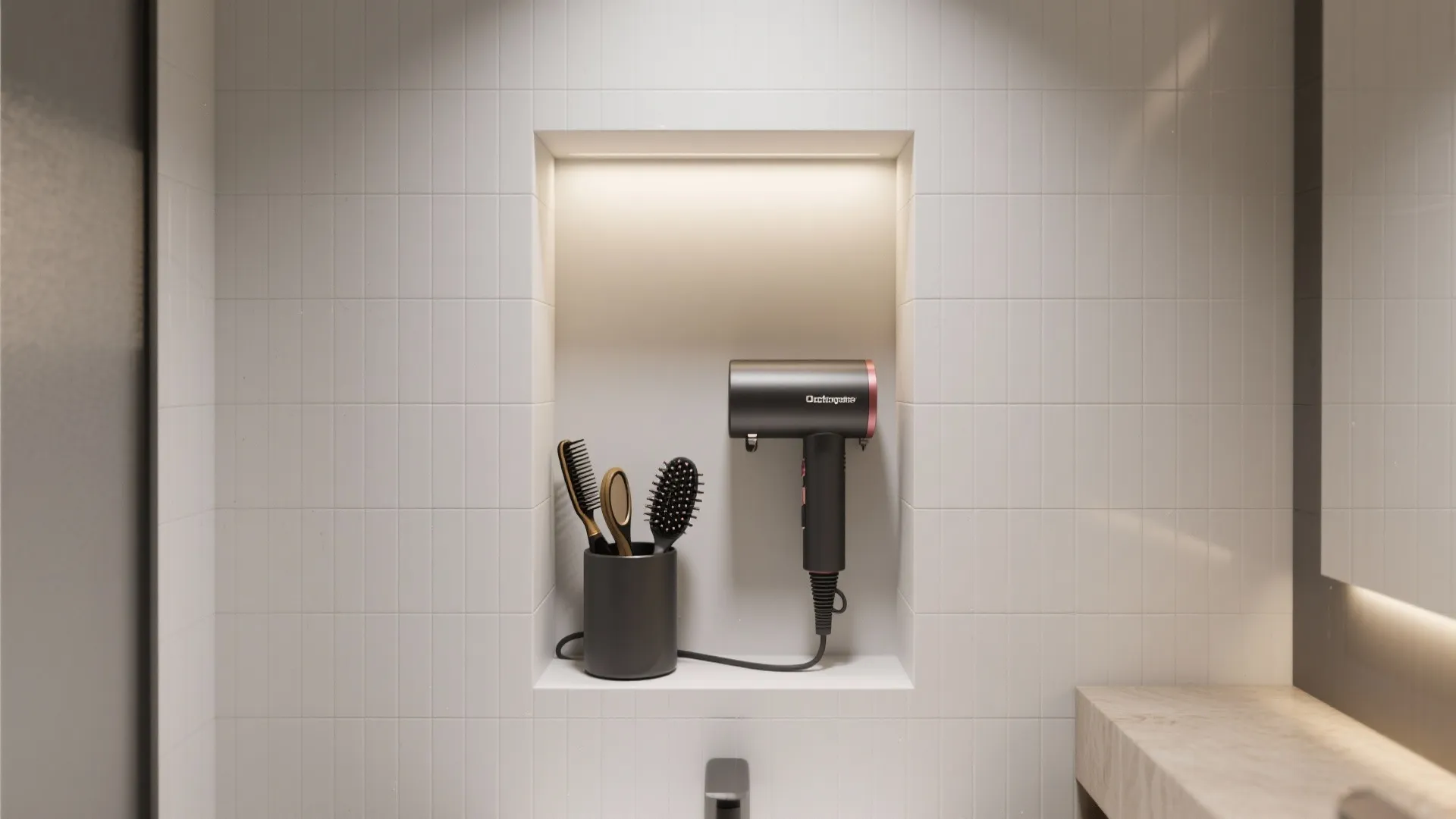 Modern bathroom wall with a recessed shelf holding a hair dryer and black hair brushes