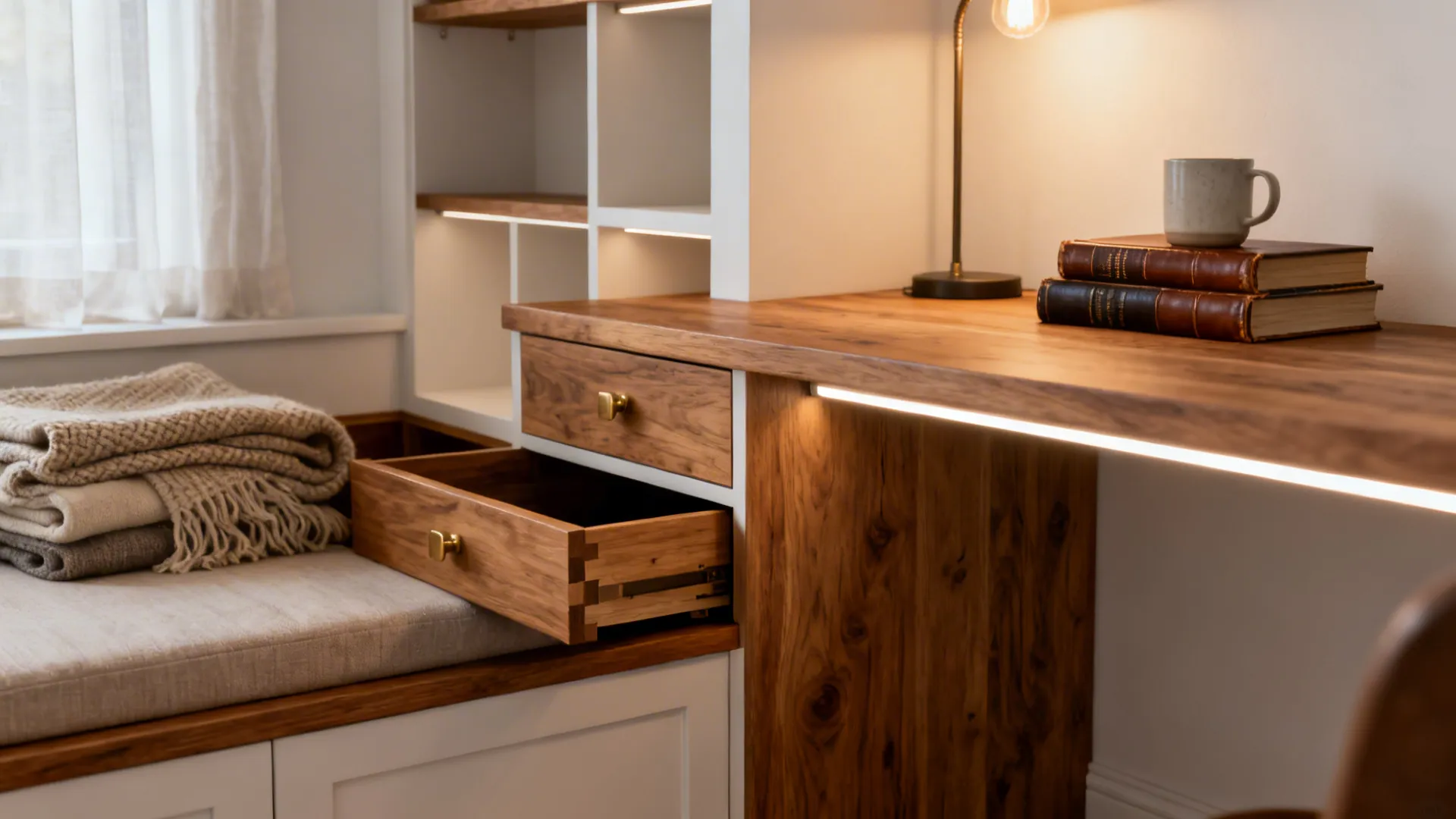 Built-in bench with hidden storage and a recessed niche desk in a compact home, highlighting custom joinery and finishes.