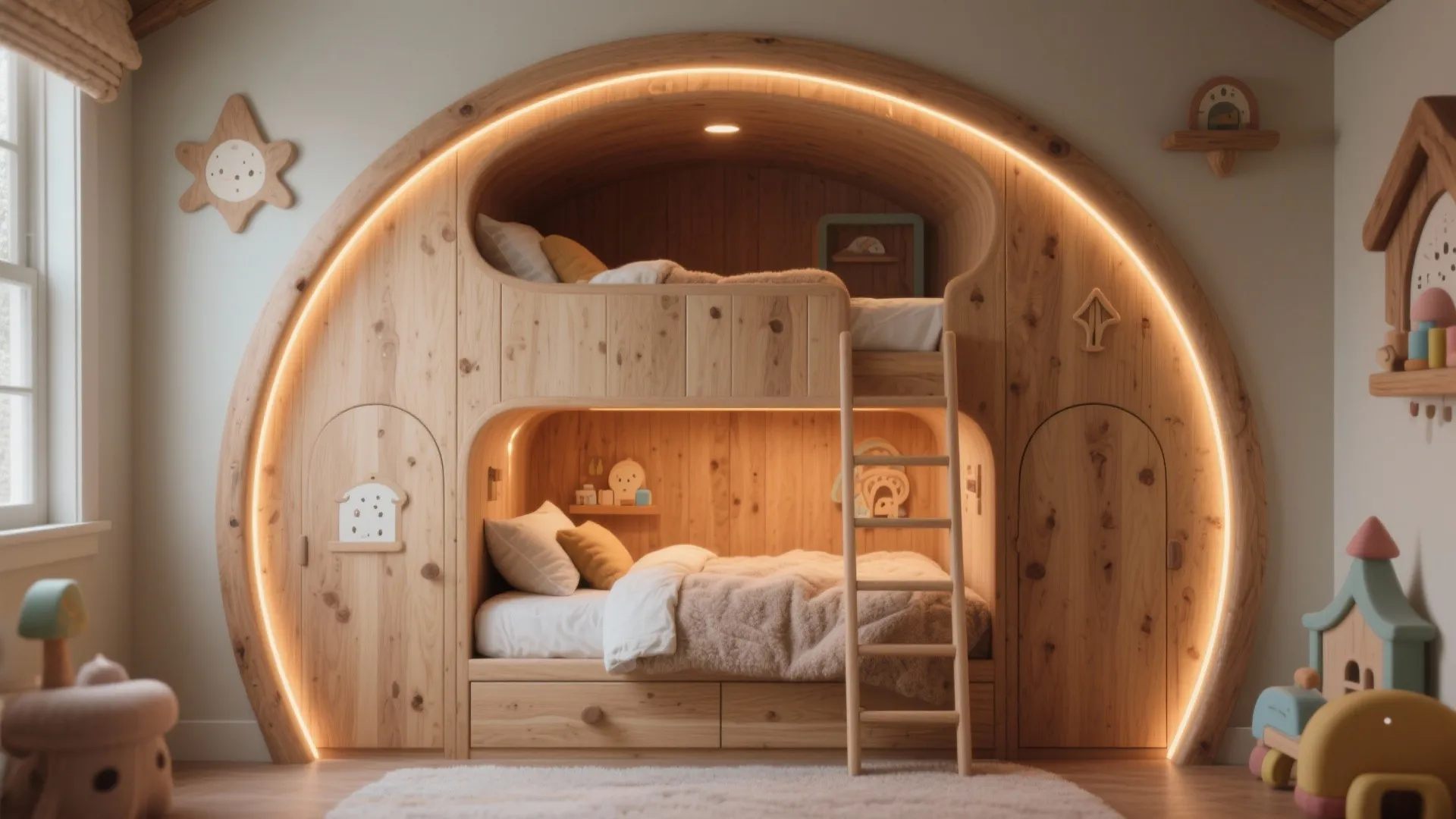 5. Custom Nook Bunk with Curves and Lighting