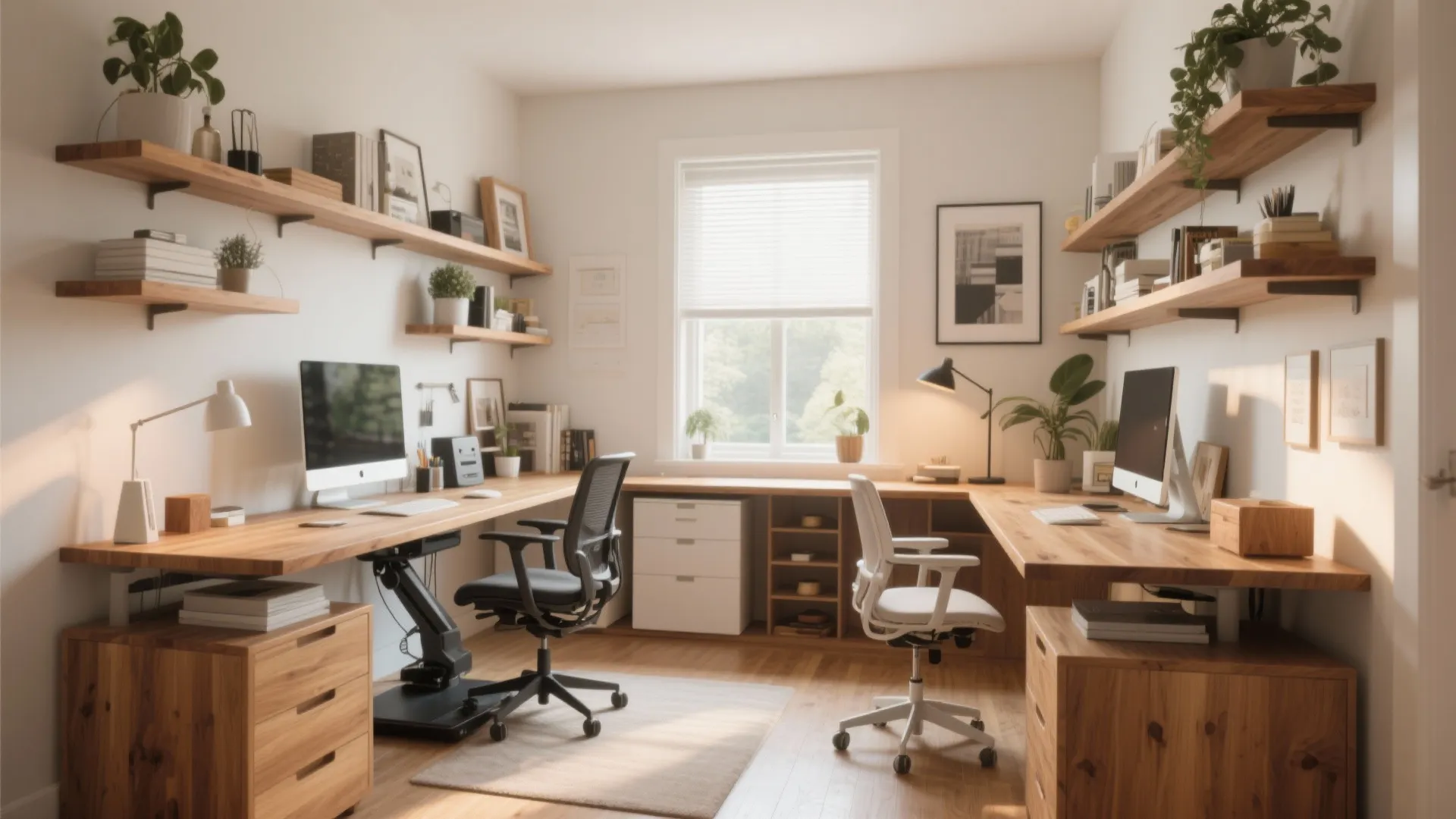 Home office with large wooden corner desk wall shelves plants two computers and white chairs
