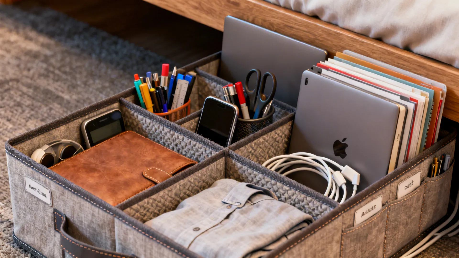 Close-up of a custom under-bed organizer with compartments for gadgets and clothes