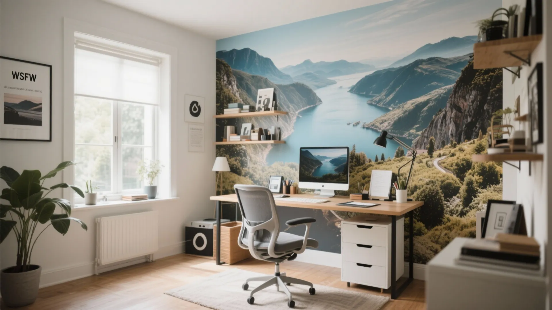 Home office with custom wallpaper from a travel photograph