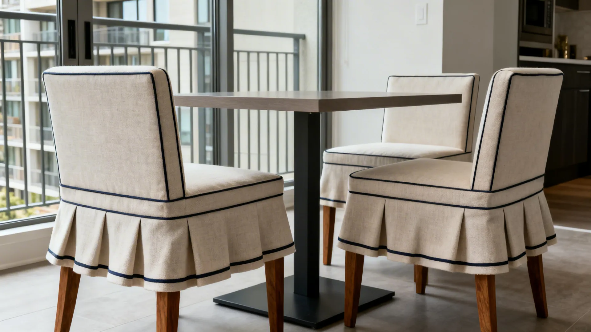 Three chairs with beige pleated covers and dark blue trim sitting around a square dining table