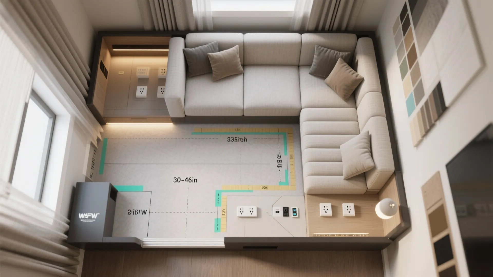 Modern interior design drawing showing a grey sofa and room layout with electrical socket positions