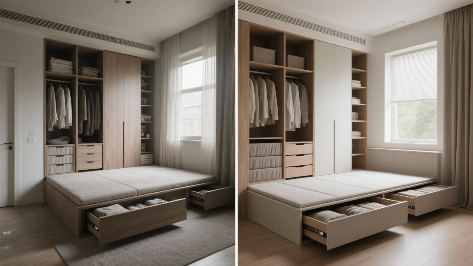 Two images showing wood and white platform beds with drawers and built in storage cabinets