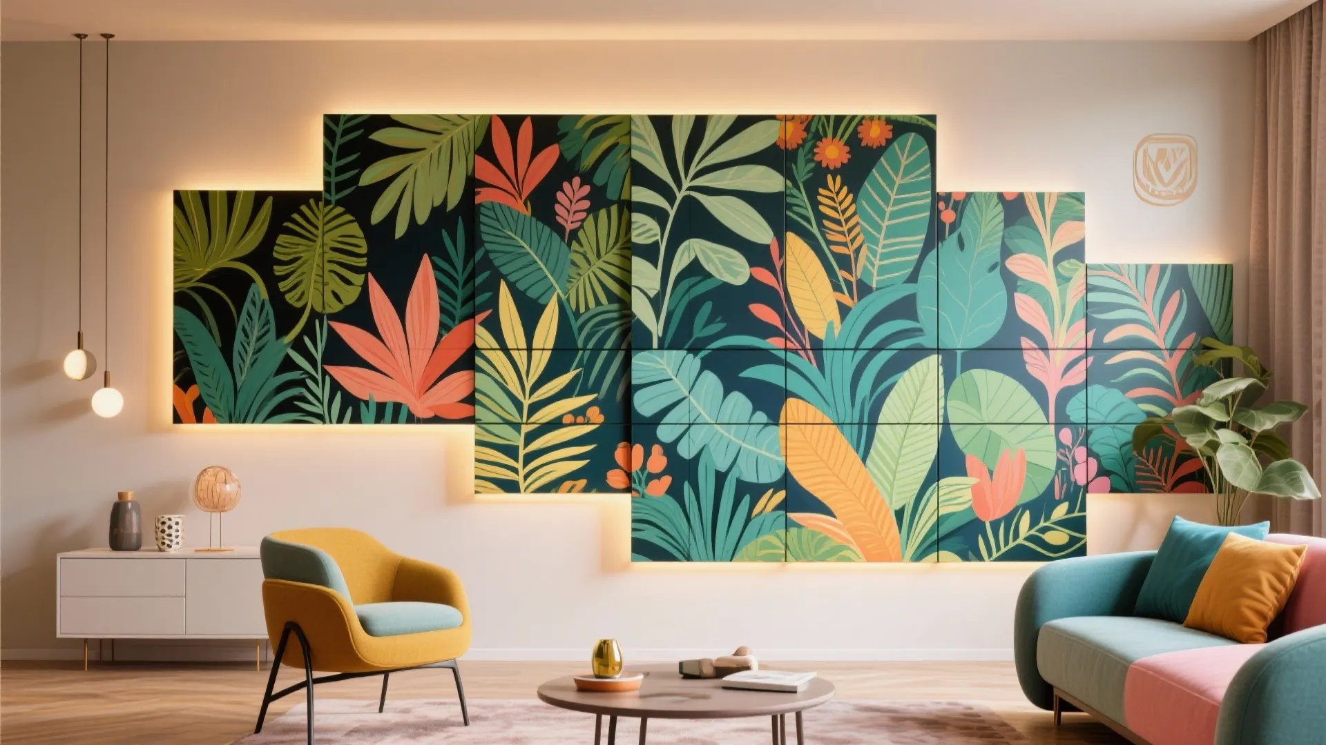 Modern living room featuring colorful tropical leaf wall art sofa yellow chair and round table