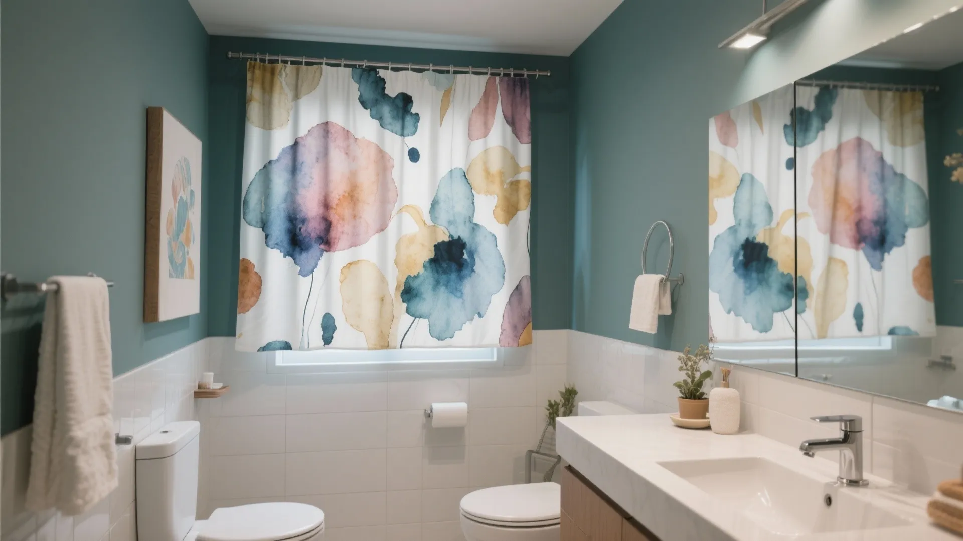 Modern bathroom with blue walls colorful flower pattern curtain large mirror white sink and toilet