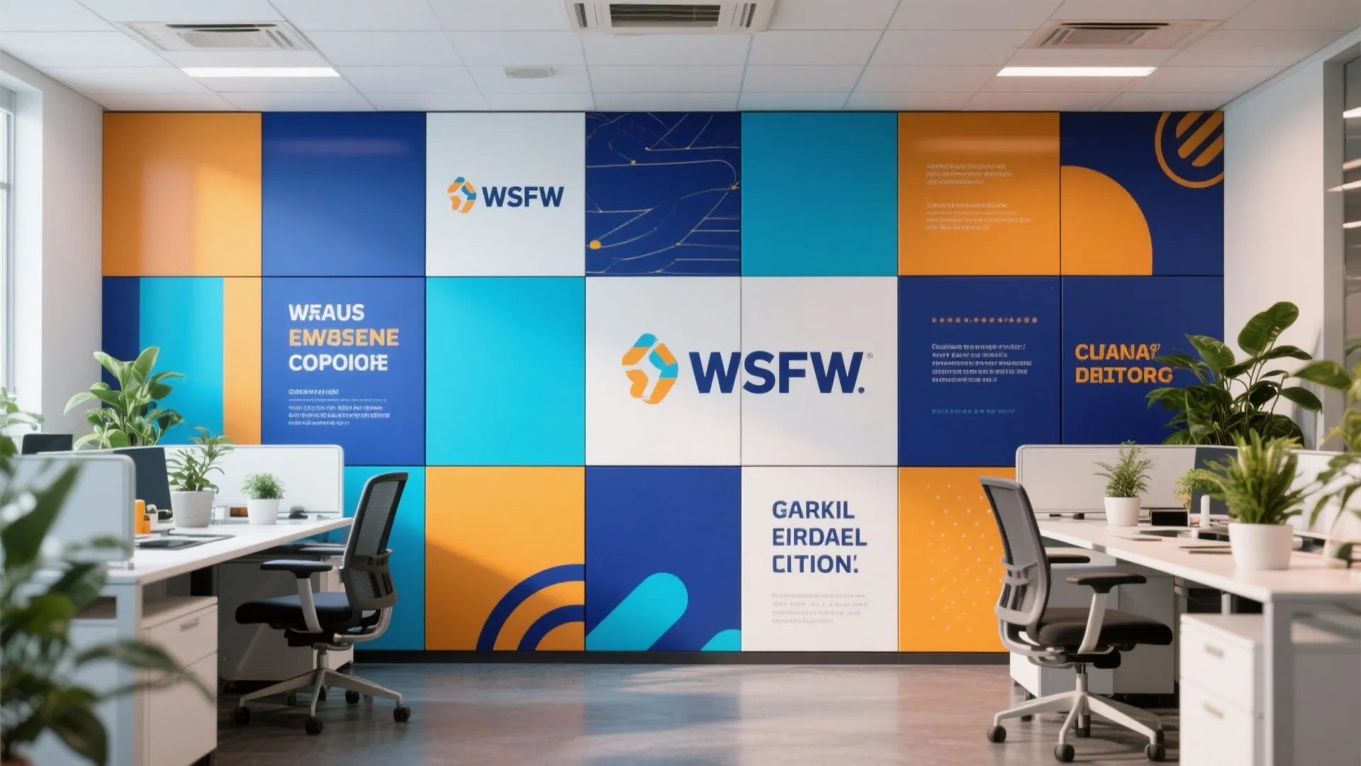 Modern office interior showing colorful wall panel design with white desks black chairs and plants