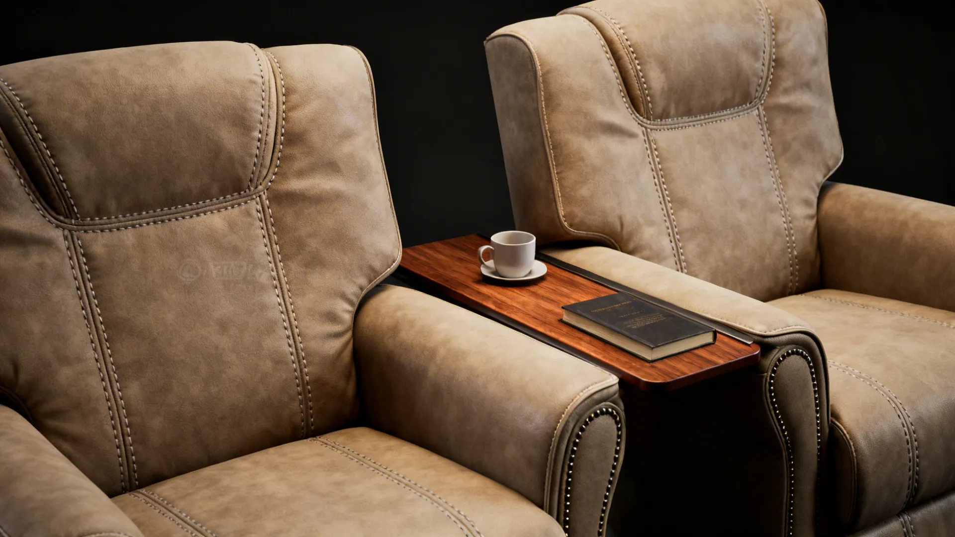 Close-up of two custom compact recliners with an integrated narrow side table and matched finishes.