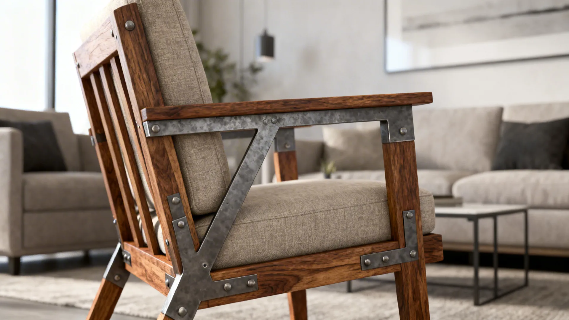 Custom-built chair with reinforced hardwood and steel frame staged in a modern living room.