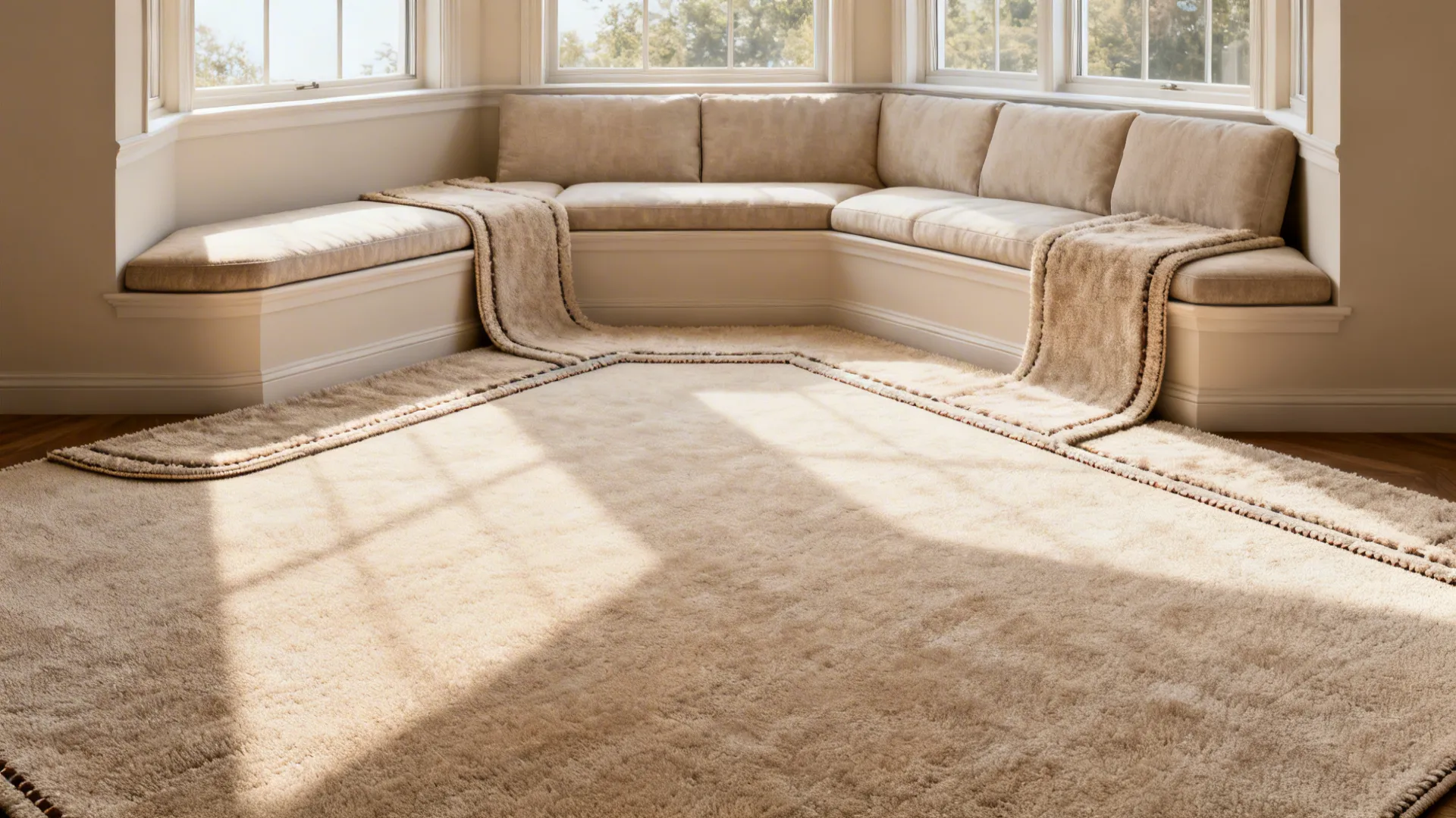 Custom-cut rug with runner extensions fitting an L-shaped sectional and a bay window niche