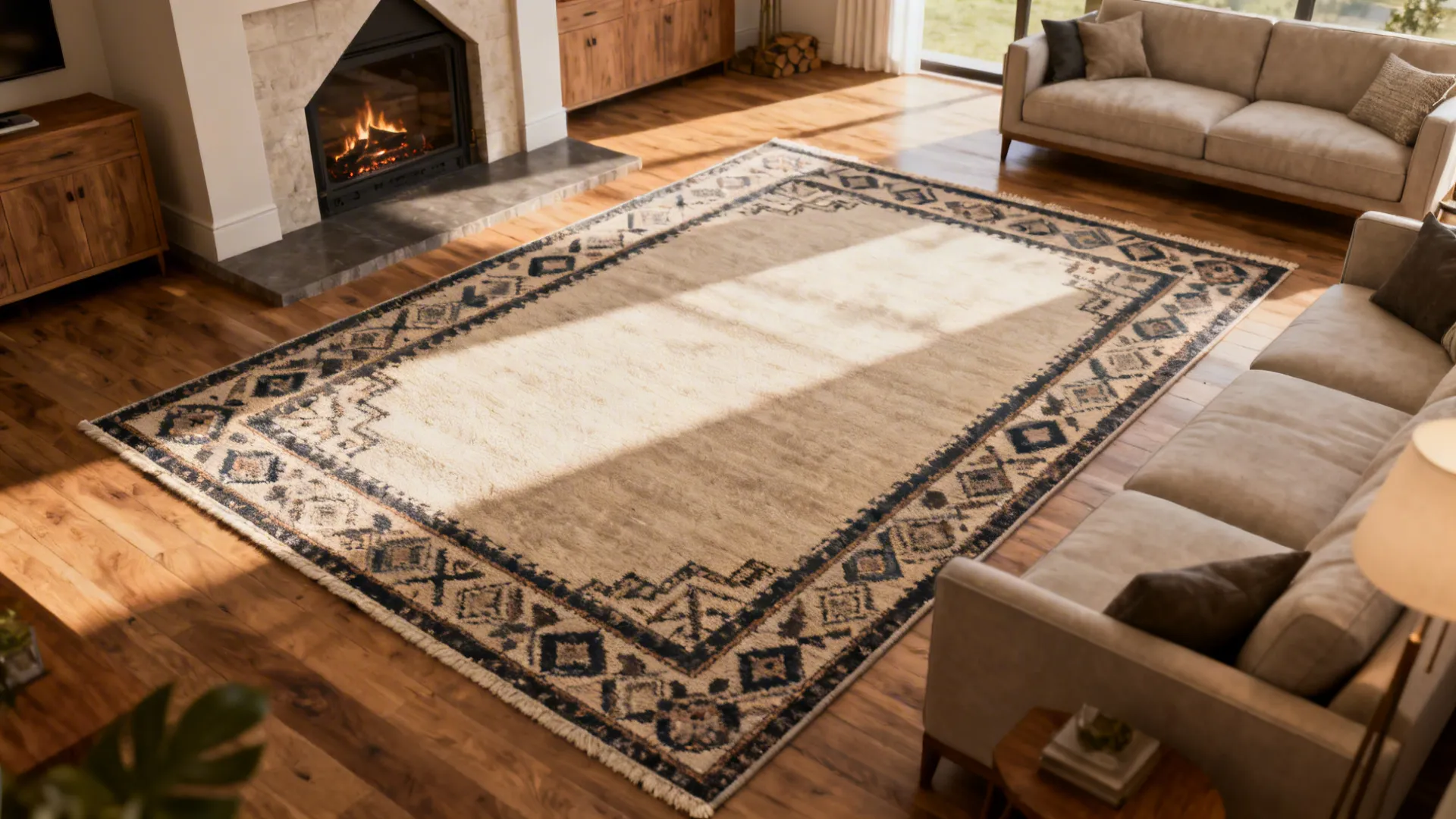 Living room with a custom-cut rug perfectly framing seating near an angled chimney.