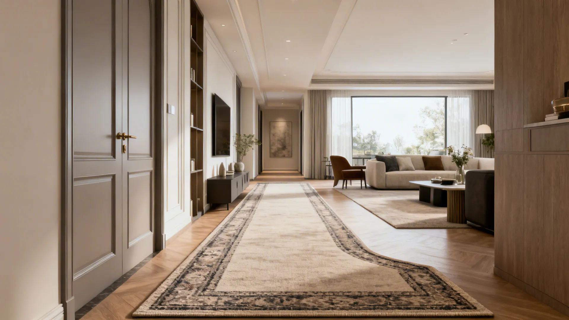 Long room with a custom runner rug showing clear circulation space and tailored fit