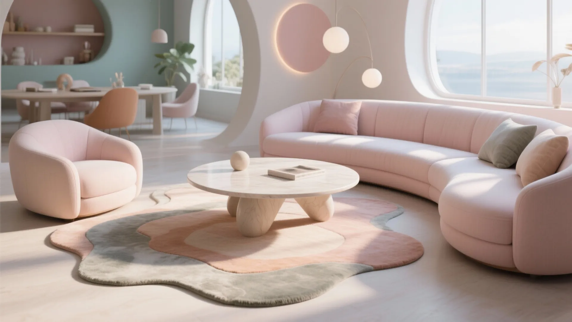 Modern pink living room featuring a flower shaped rug, curved sofa, marble table, and windows