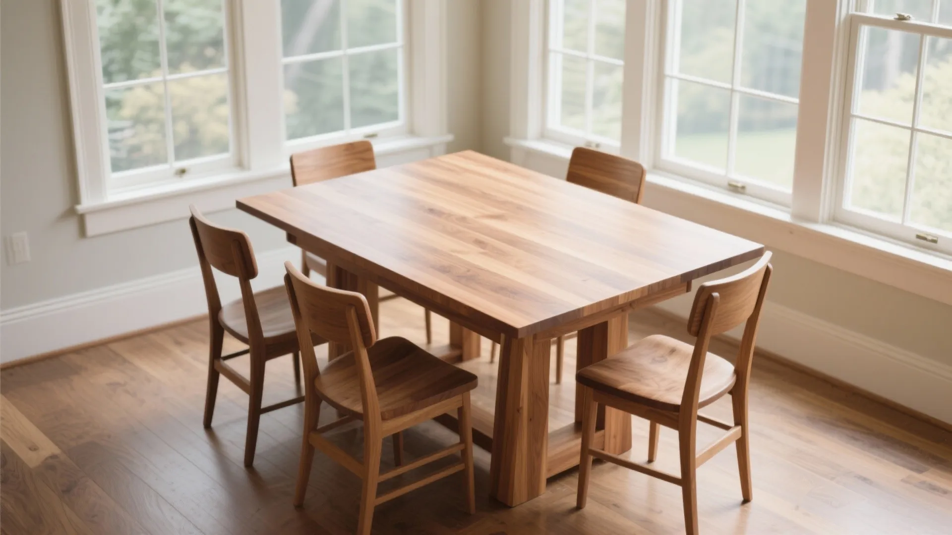 Simple wooden dining table and four matching chairs placed in a bright room with windows