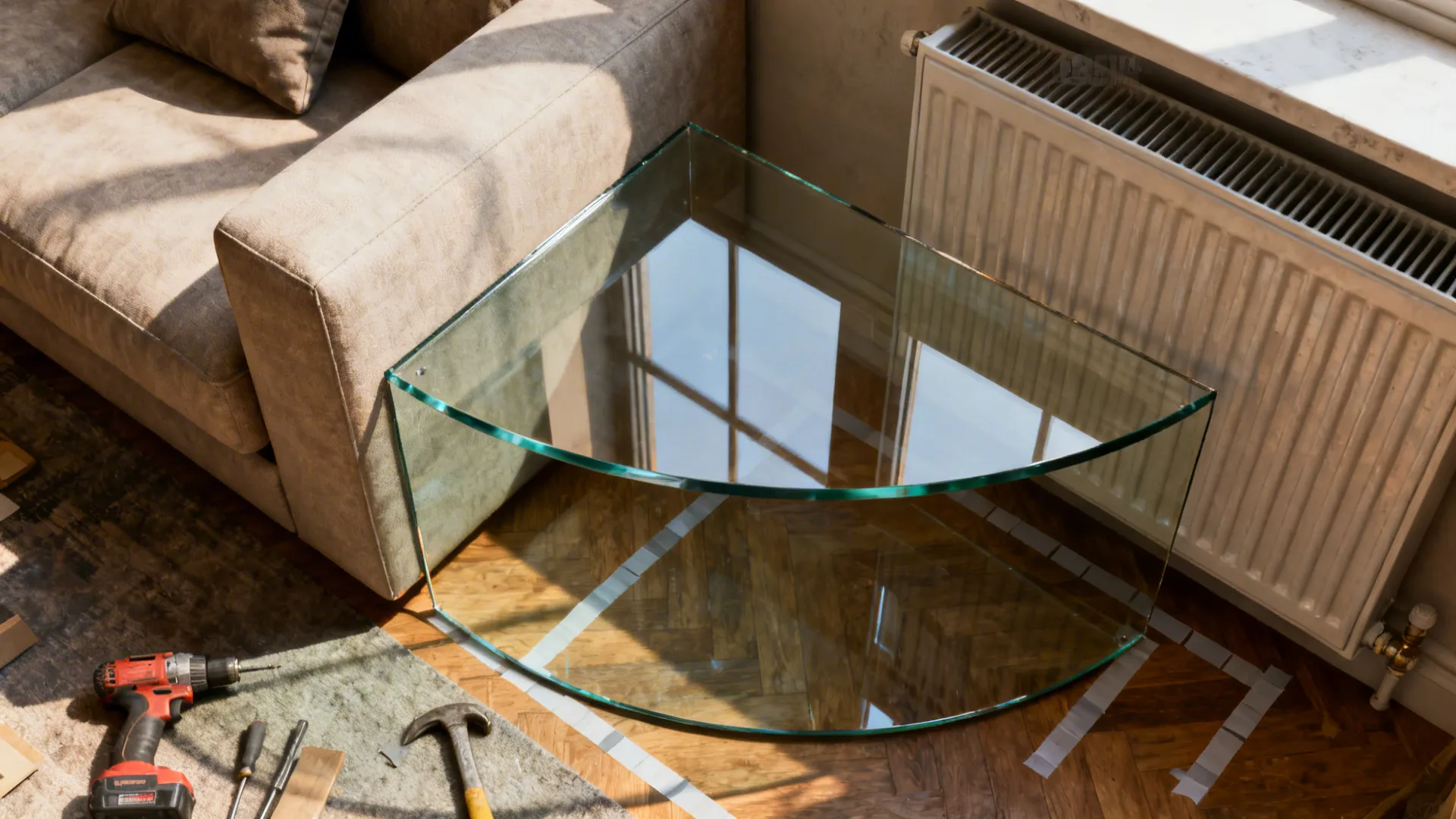 Top-down view of custom-shaped glass table cut to fit a curved radiator cover and angled sofa arm.