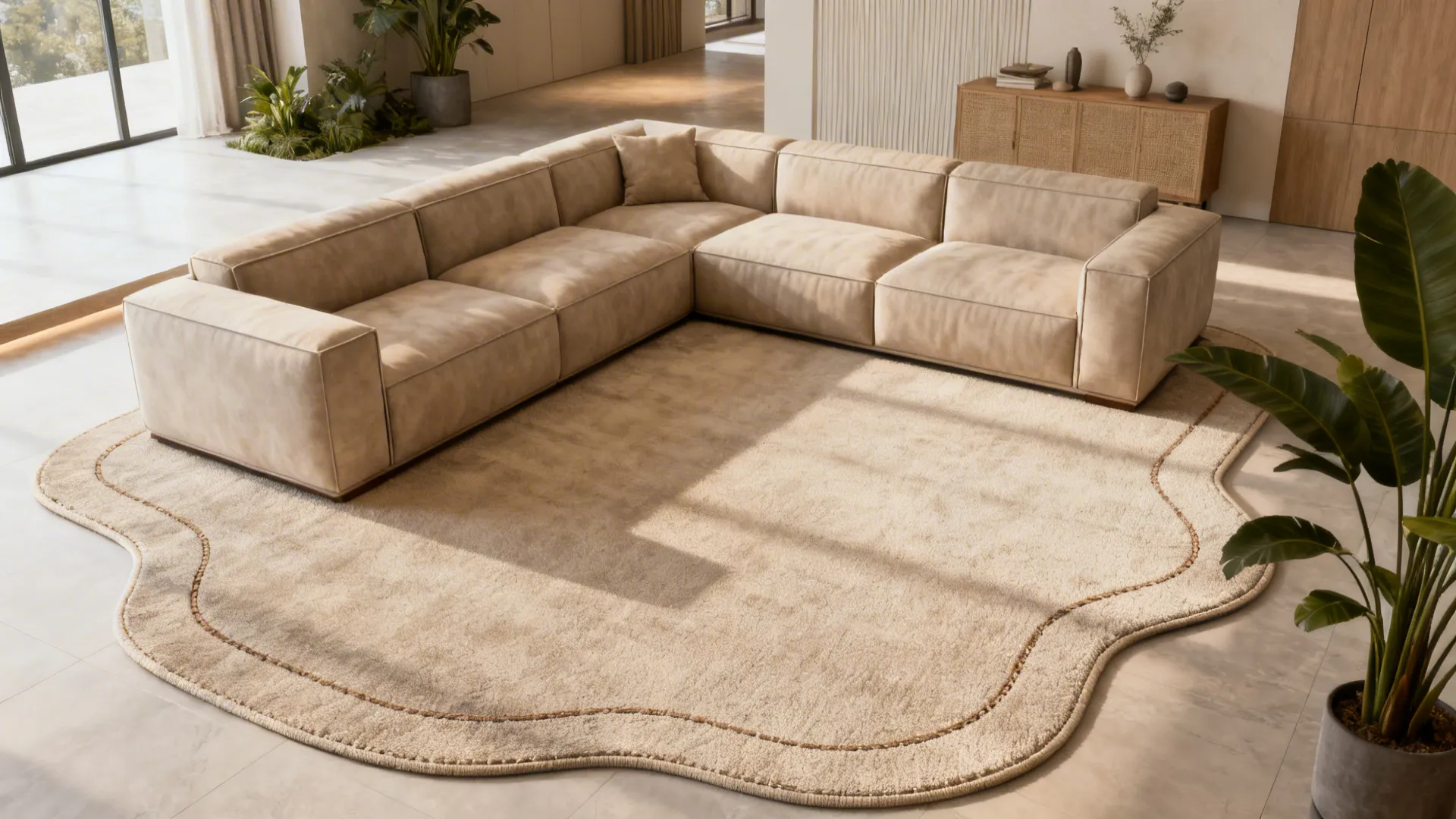 Odd-shaped living room with a custom rug cut to fit around an L-shaped sectional and optimize flow.