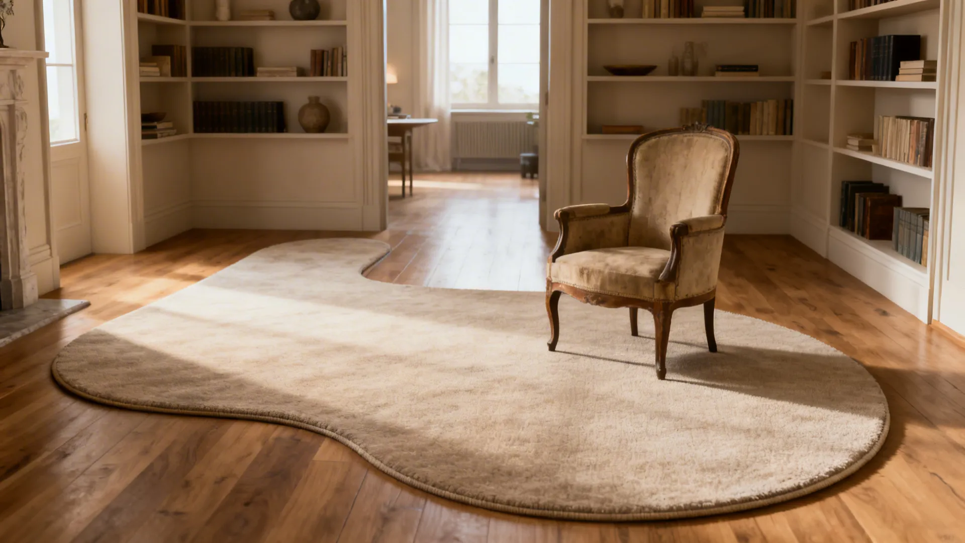 L-shaped living area with a rounded-edge custom rug defining a cozy armchair nook