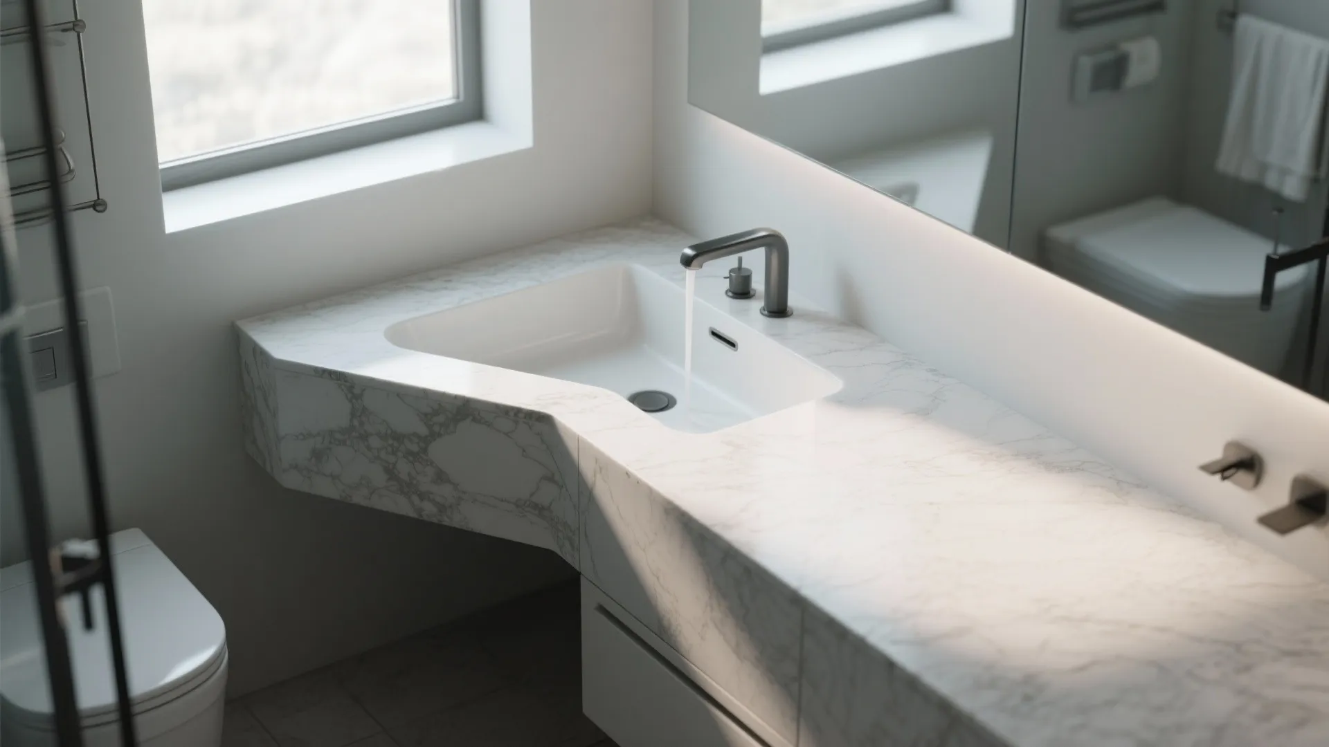 L-shaped custom sink fitting perfectly into a corner bathroom layout