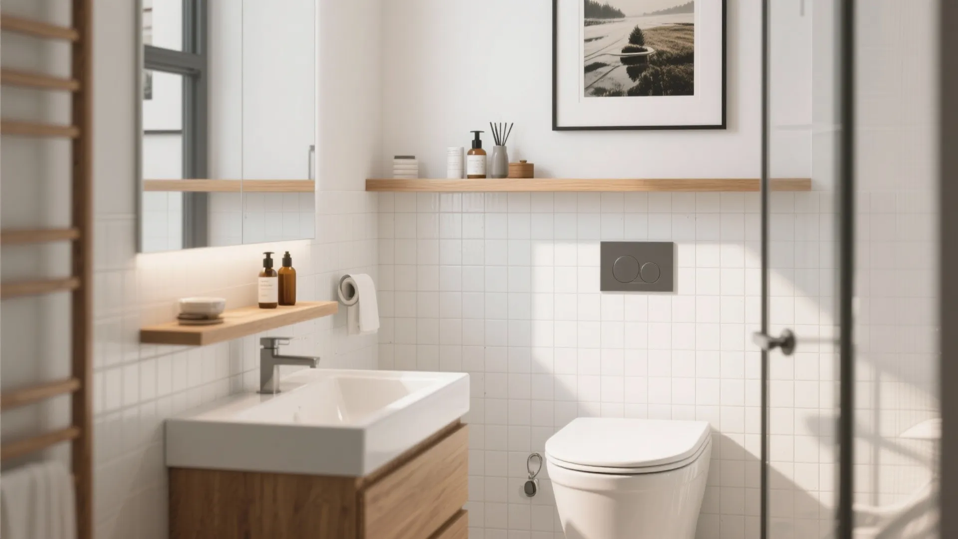 Minimalist bathroom design with white tiles wooden vanity mirror toilet small shelf and framed wall art
