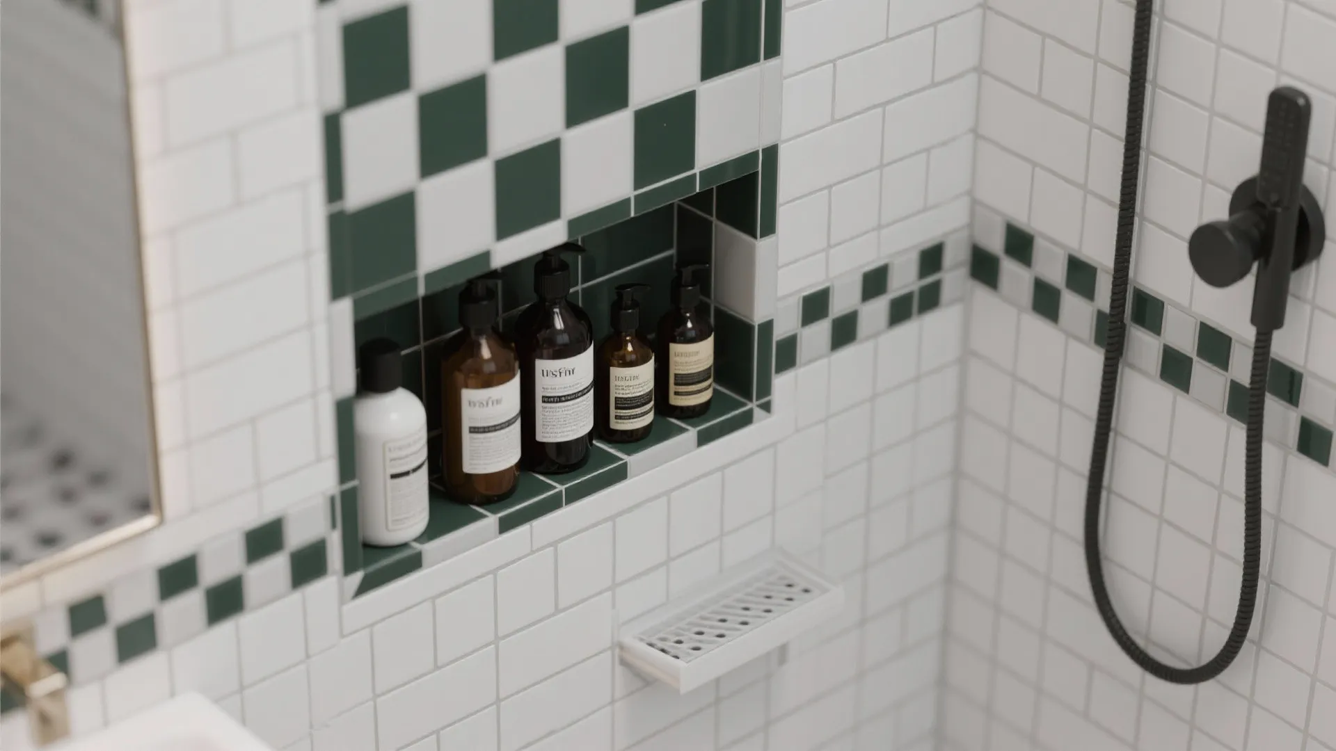 White tiled shower with green checkered niche holding brown bottles next to a black shower