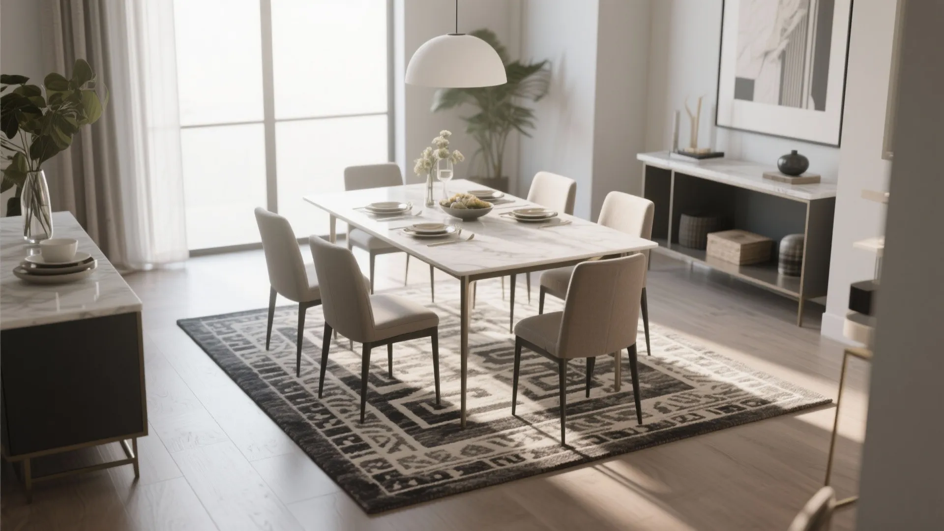 Marble dining table and beige chairs on a patterned rug under a white ceiling light