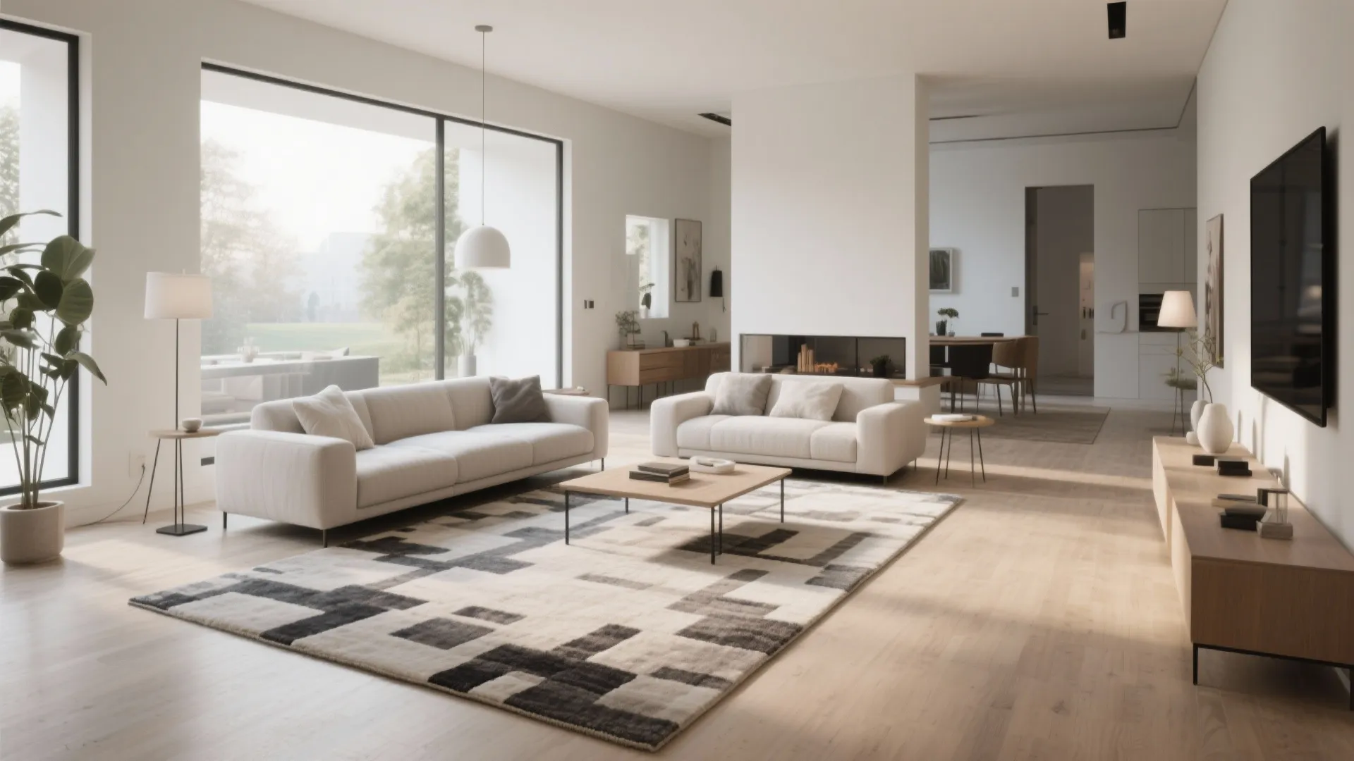 Modern open plan living room with black and white rug white sofas and large windows