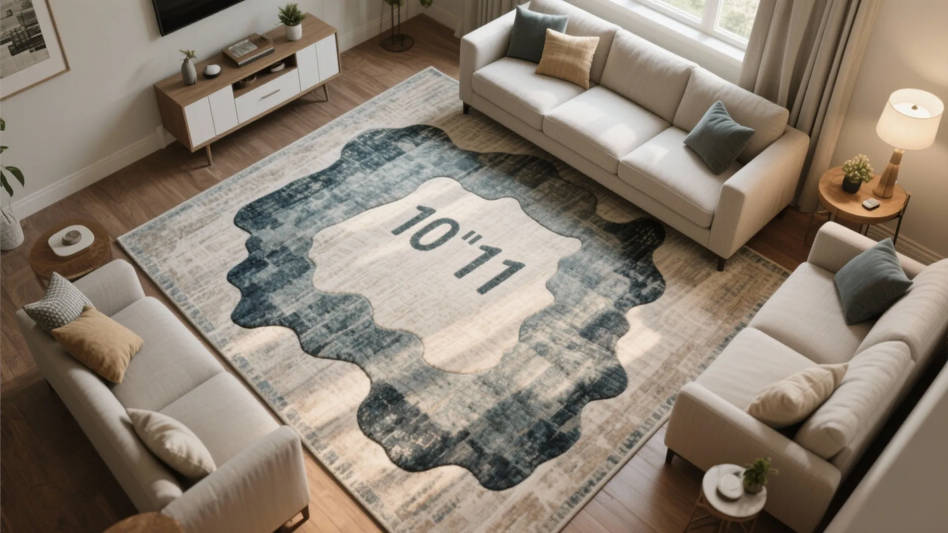 Large custom sized rug in a modern living room with three white sofas and cabinet