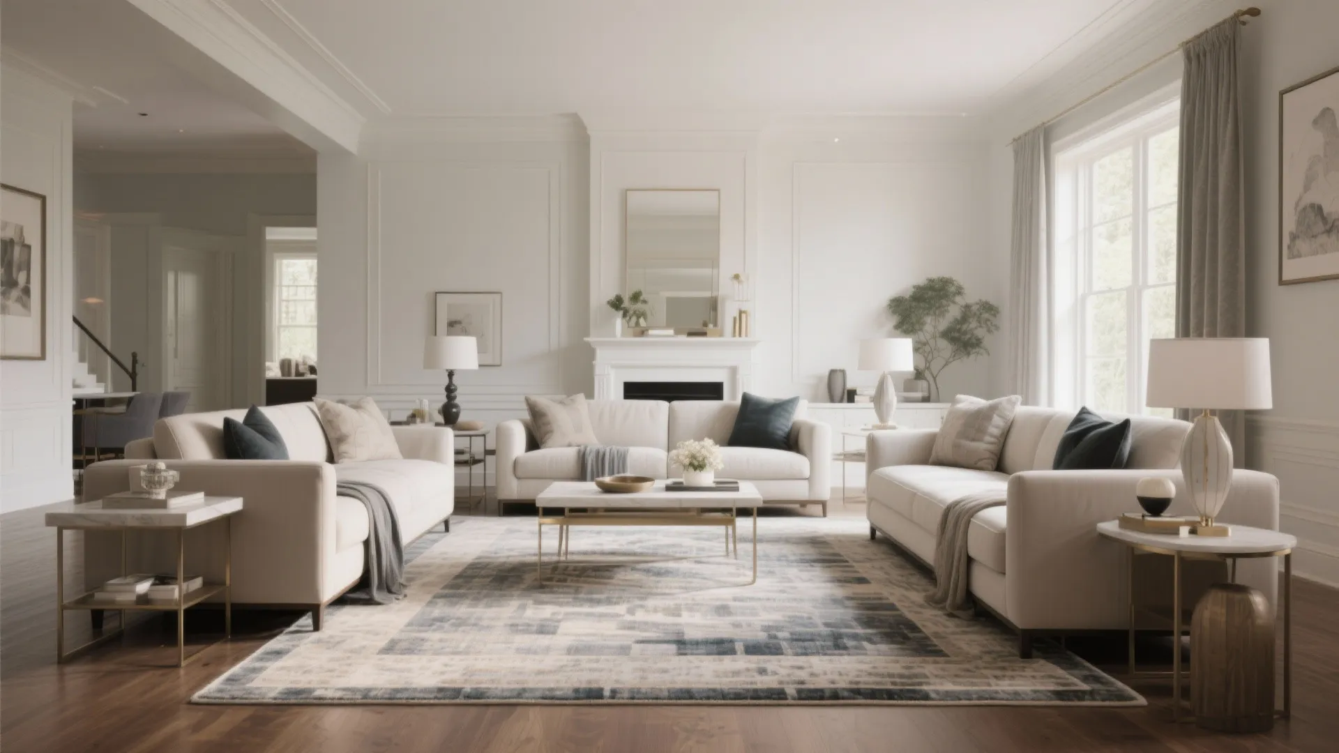 Elegant white living room with cream sofas blue patterned rug fireplace and large center coffee table