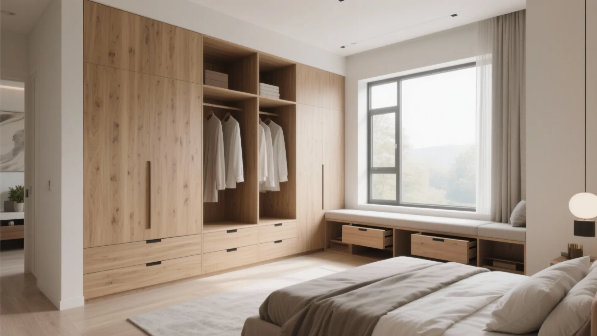 Modern bedroom with large wooden wardrobe built-in window seat storage bed and natural bright morning light