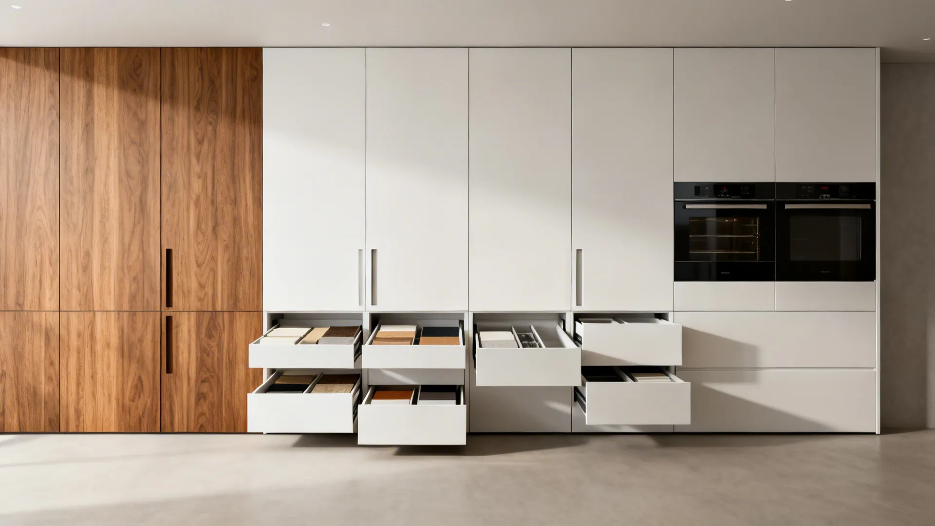 Flatlay of custom ceiling-height cabinetry and modular storage samples showing concealed panels and materials.