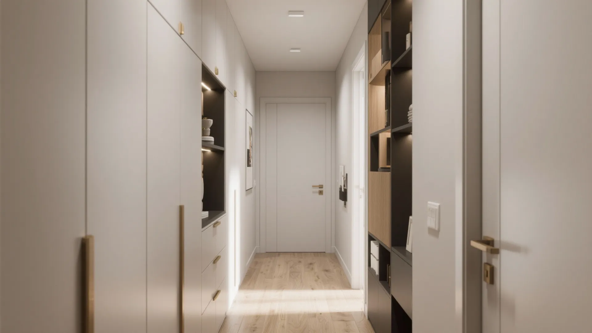 Narrow hallway with white storage cabinet wooden floor and built in shelves with warm interior lighting