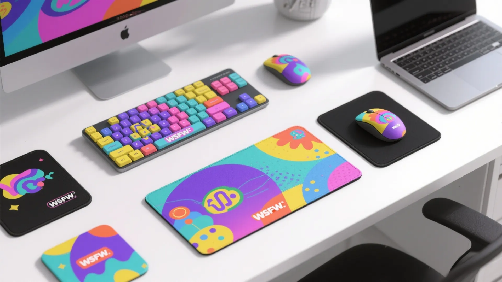 Colorful custom computer accessories including keyboard and mouse pads on a white desk with laptop