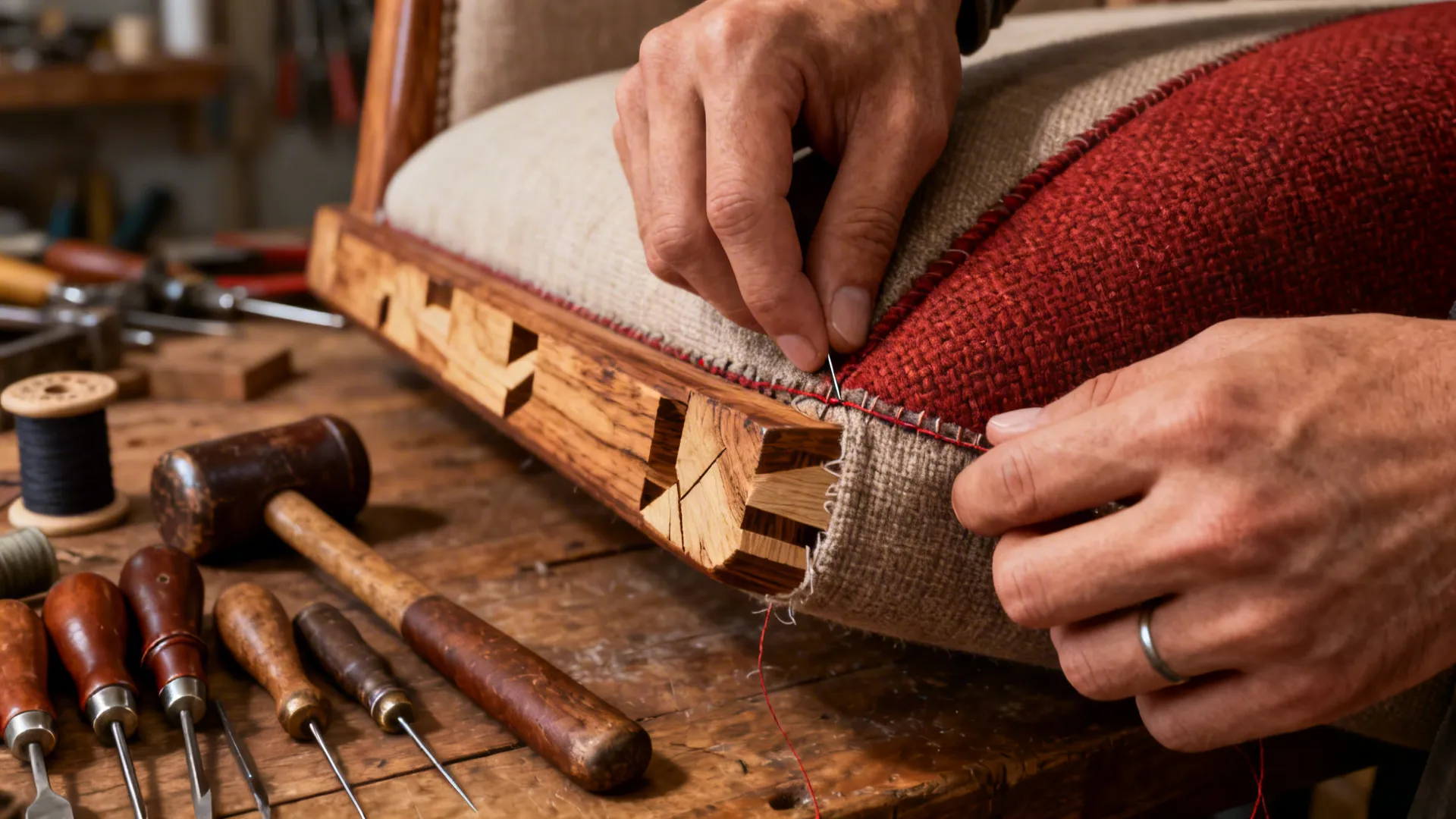 Close-up of artisan hands stitching a custom sofa with visible wood joinery