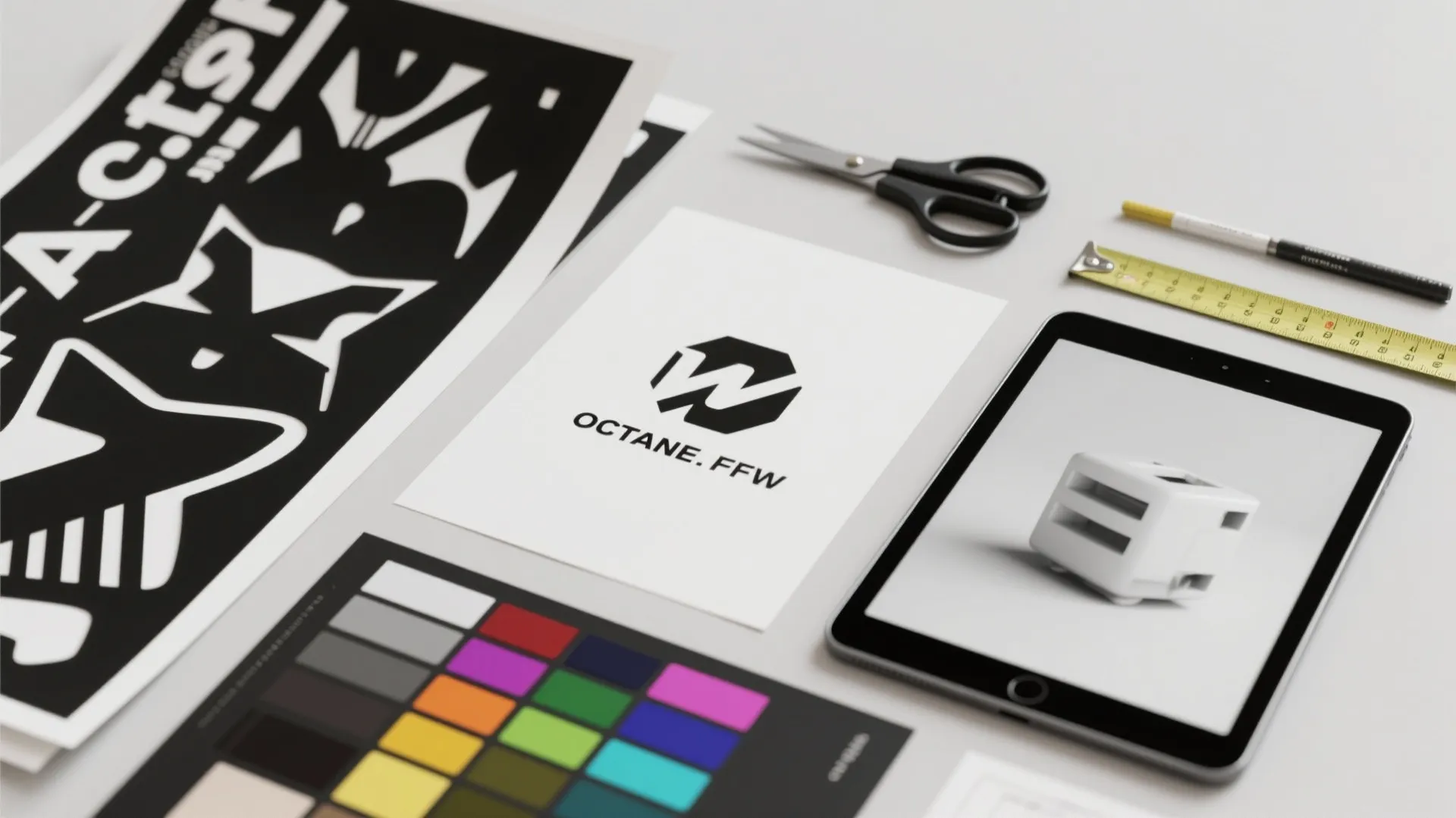 Design workspace with tablet showing interior model plus logo print and various house design tools