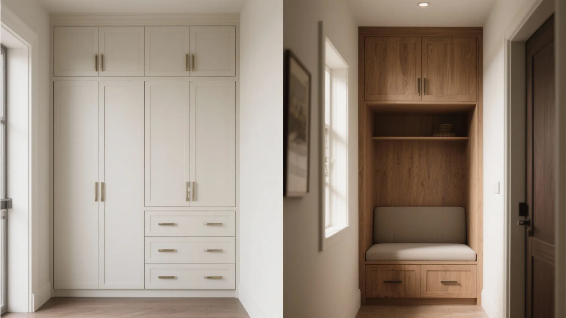 Side by side comparison of a white bedroom cabinet and a wood hallway storage bench