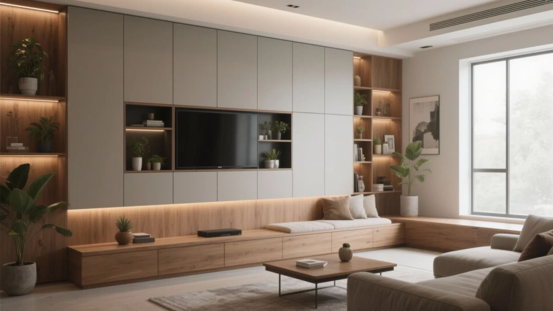 Minimalist living room with large wall cabinet system wood shelving unit sofa and big bright window