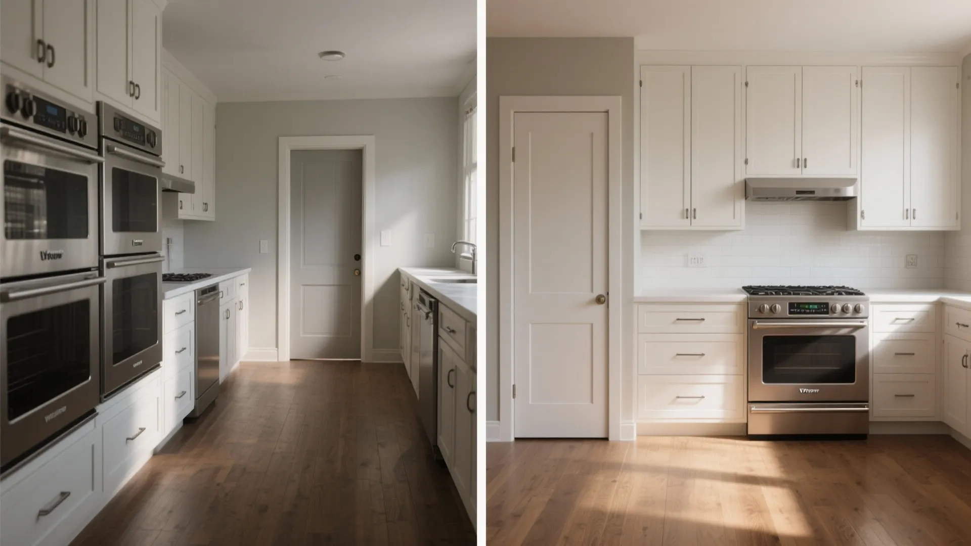 Before-and-after kitchen showing mismatch and corrected custom-width cabinet alignment with appliances.